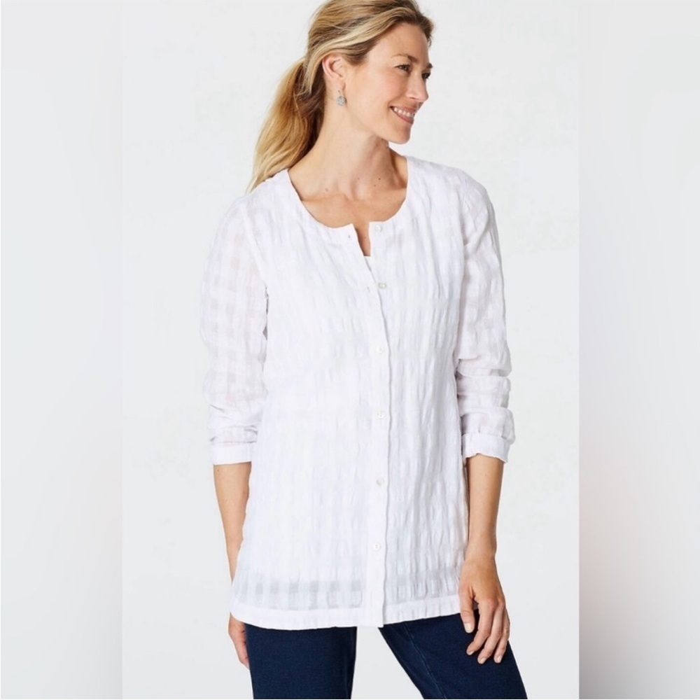 Laura Ashley 100% Linen Checkered white button down tunic blouse LP
